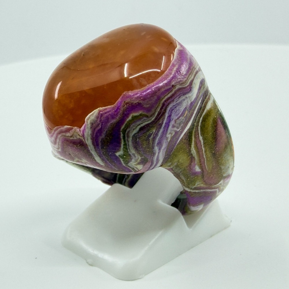 Vintage Y2K Polymer Clay Purple Gold Marbled Statement Ring Orange Cabochon 7